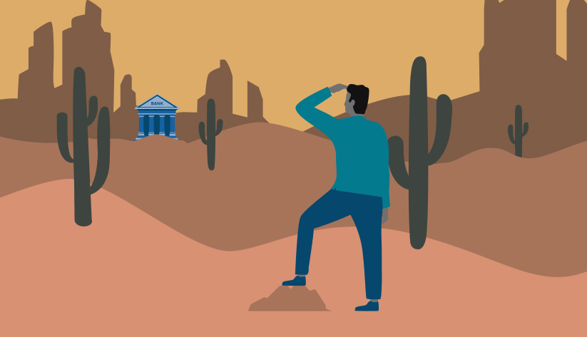 illustration of southwest road runner cartoon-like landscape with person in the foreground with hand over eyes peering at greek-columned building with word 'bank' on it in distance