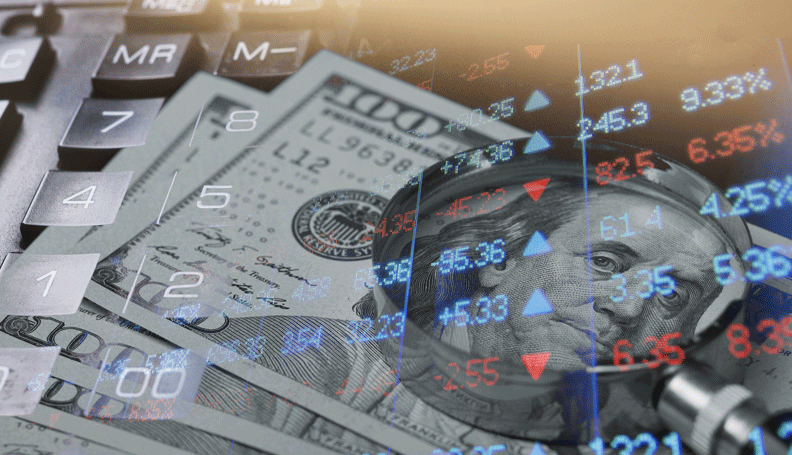 transparent stock exchange electronic board overlaying hundred dollar bills