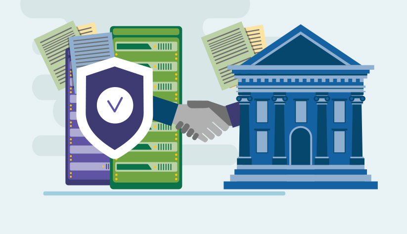 anthropomorphized shield icon shaking hands with bank building