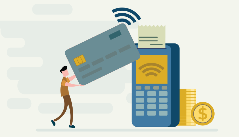 man holding large credit card to payment terminal with touchless pay indicator