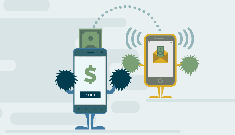 two anthropomorphized mobile phones transferring money to each other