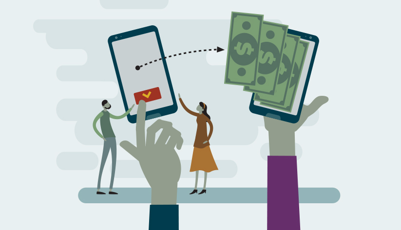 two miniature people holding up a mobile phone that is sending money to a receiving mobile phone