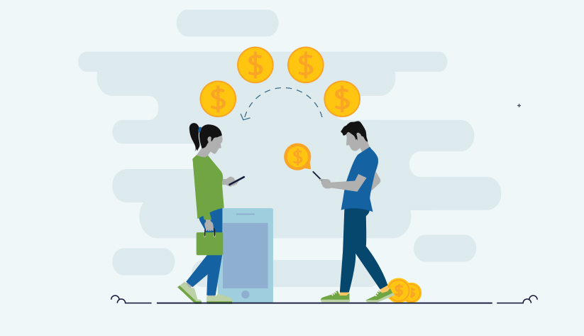 money transfer between two people passing each other