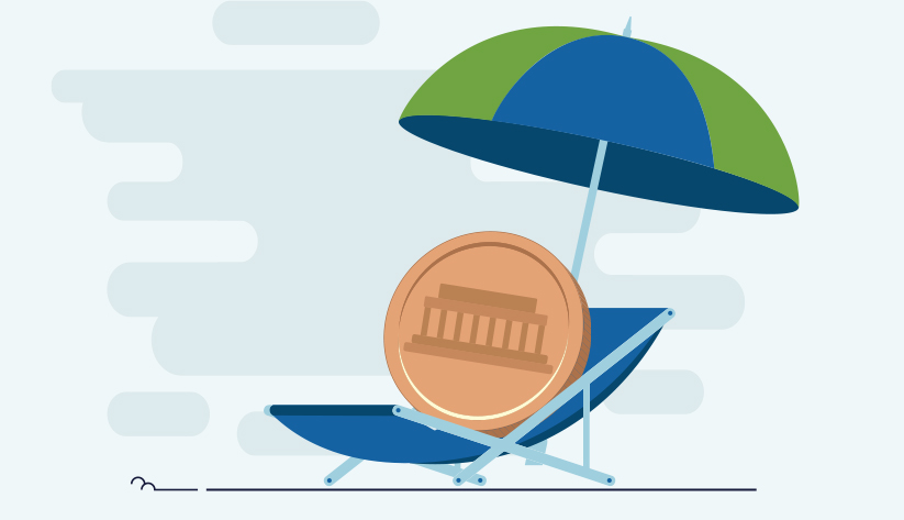 stylized penny basking in the sun under an umbrella on a beach chair