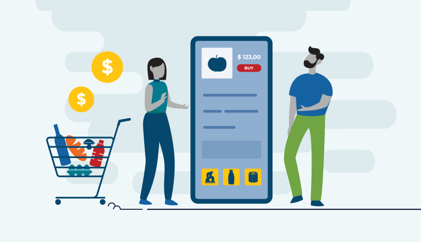 two people buying household necessities on large mobile phone next to shopping cart