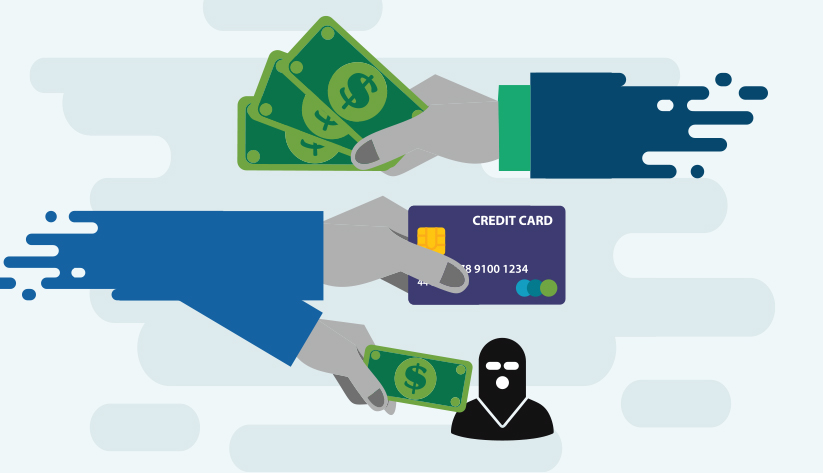 hands exchanging cash and credit card with thief icon in the middle