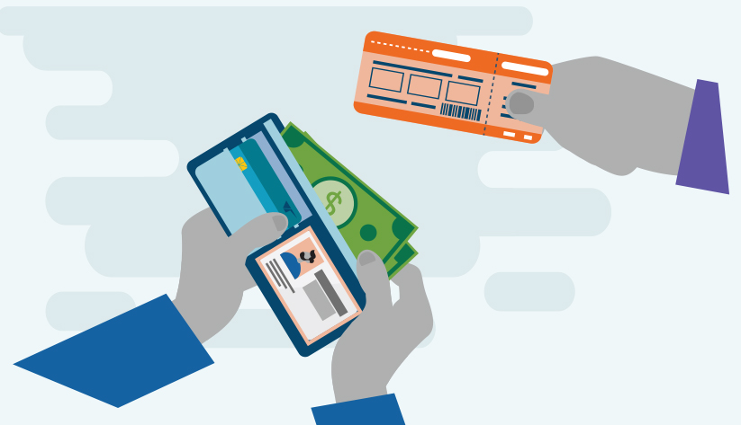 hand holding wallet exchanging cash for a ticket