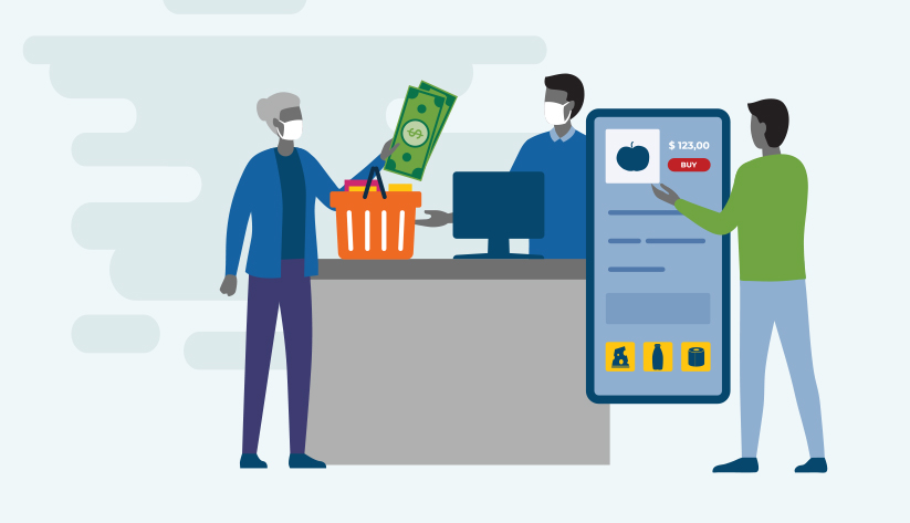 one person paying at grocery store counter with another person paying on mobile app