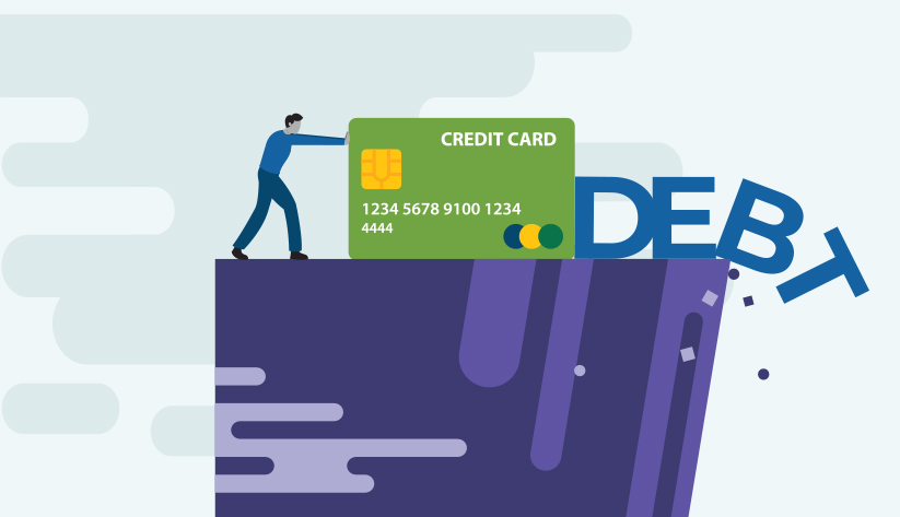 person pushing word debt off a cliff with disproportionately large credit card