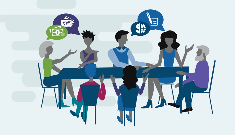 people around table discussing payment methods via talk bubbles above them