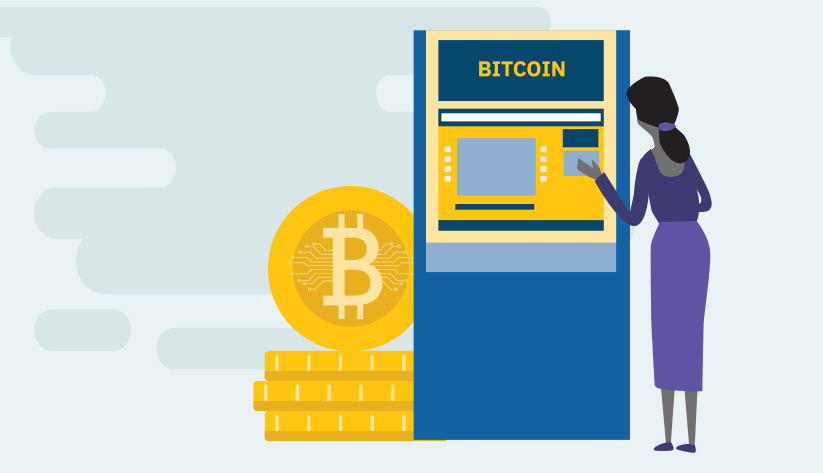person standing in front of bitcoin atm with large bitcoins next to machine