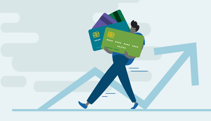 person in front of a chart indicating escalation carrying several credit cards