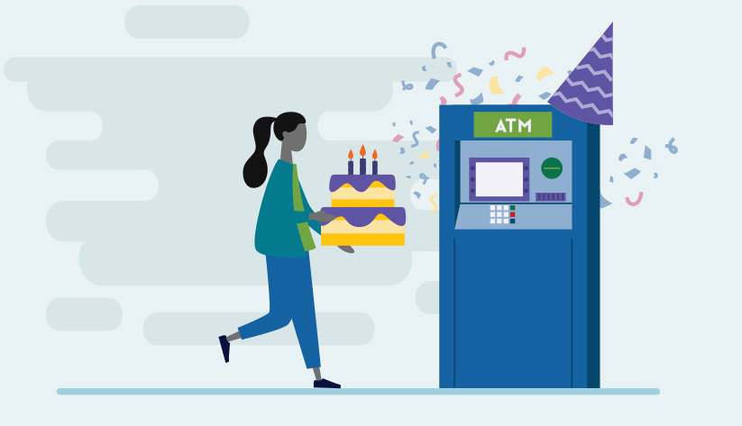 person delivering birthday cake to an atm machine donning birthday hat