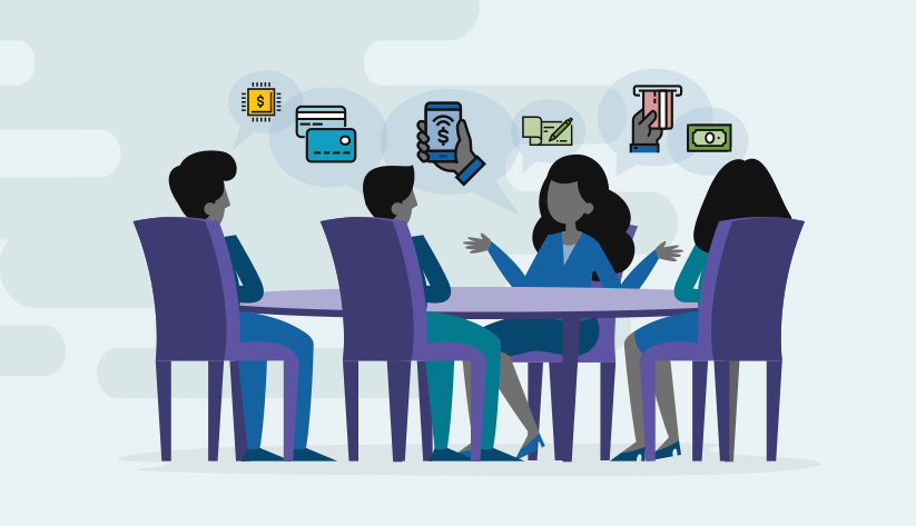 groups sitting at table with payments methods thought bubbles above their heads