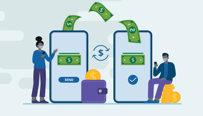 dollar bills transferring from one exaggerated in size mobile device to another
