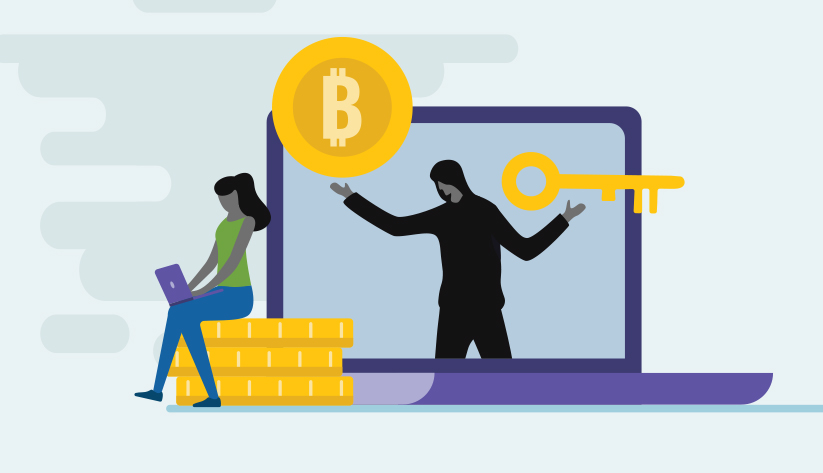 man standing behind seated woman holding bitcoin in one hand and key in another