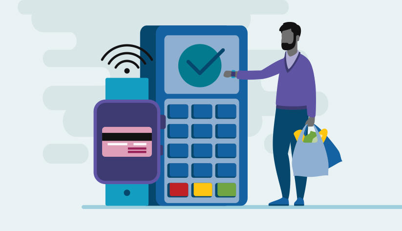 man holding cloth grocery bags hitting check mark on disproportionately large mobile device