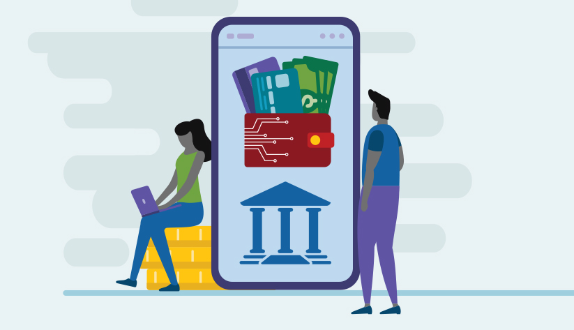 motherboard cover card holder sprouting cards on mobile device above traditional bank building