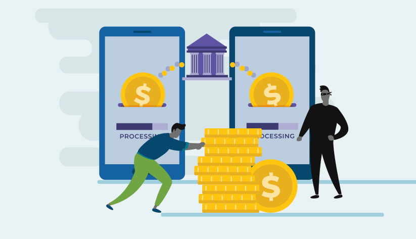gold coin transitioning through institution from mobile to mobile with thief at receiving end