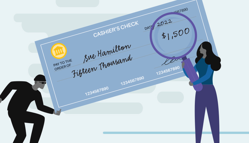 check held down at corner by burglar-esque person with other person magnifying check amount