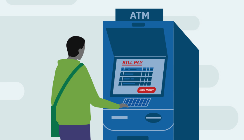 person standing at atm reading "bill pay" on screen