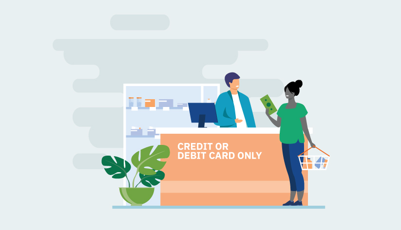 person going up to card only checkout line with cash in hand
