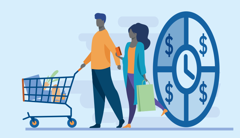 two people pushing grocery cart with clock behind them displaying dollar signs