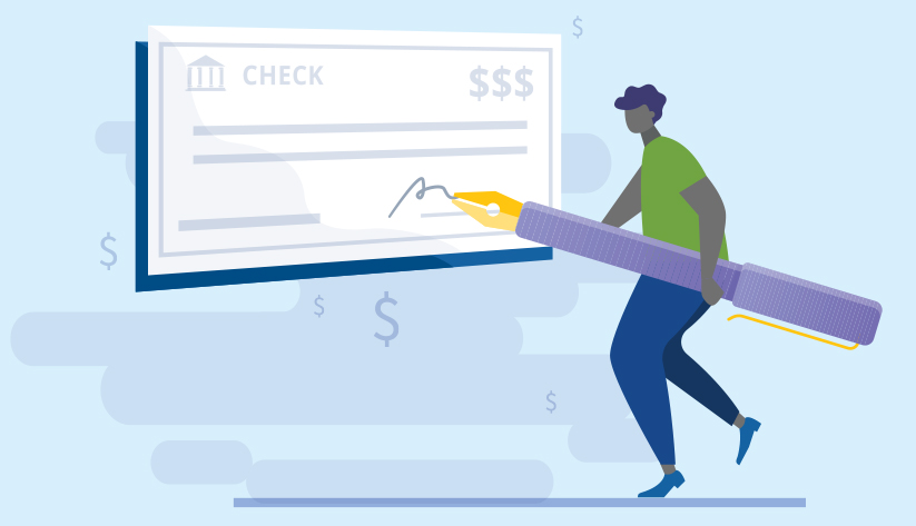 person signing disproportionately large paper check