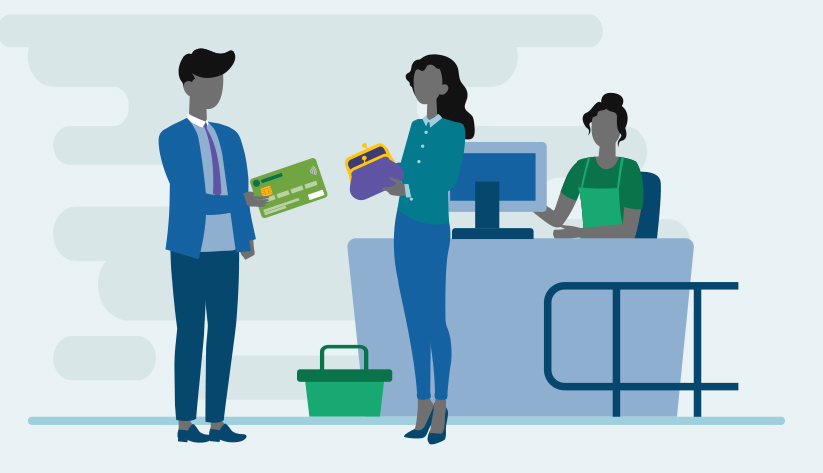 two people standing at cashier one with coin purse other with payment cards