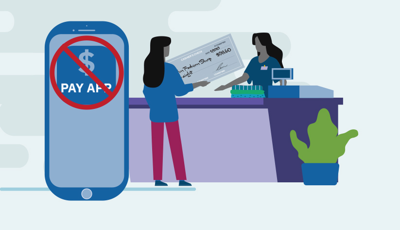 person handing a check to a cashier with a giant mobile phone with the 'no' symbol over 'pay app'