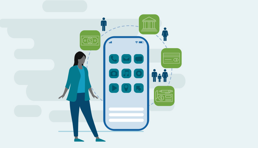 woman observing cycle around mobile phone of bank institution family payment card and check