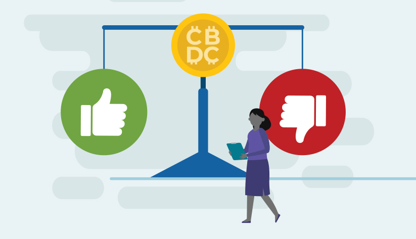 scales of justice with thumbs up and thumbs down with cbdc in center and woman on computer in the foreground