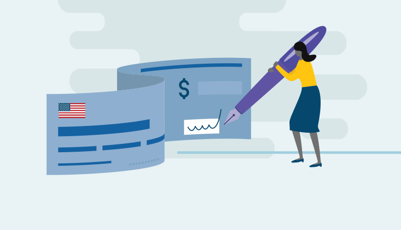 person signing disproportionately large check with an American flag in the upper-left