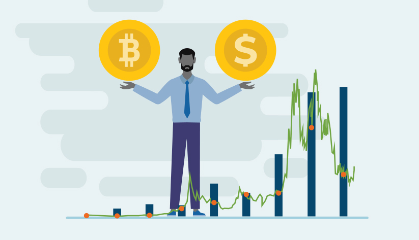 person holding disproportionately large bitcoin coin in one hand and gold dollar coin in other with bar and line chart in foreground