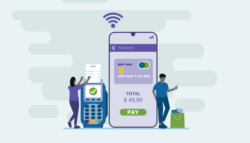 illustration of disproportionately large mobile phone emitting signal with card reader printing receipt