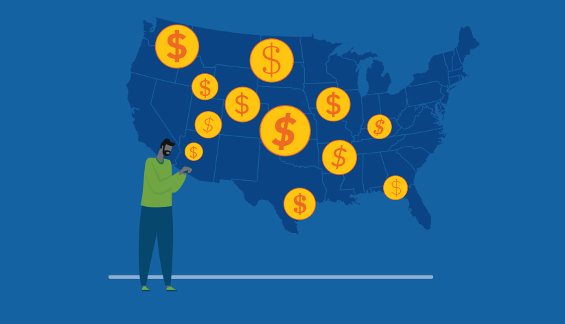 person seemingly holding mobile with coins with dollar signs with United States outline as backdrop