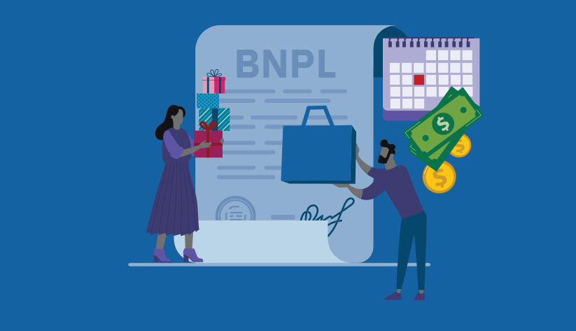 collage-like illustration with scroll reading 'BNPL', money, calendar with marked date and one individual receiving a shopping bag of goods from another who is already carrying wrapped presents