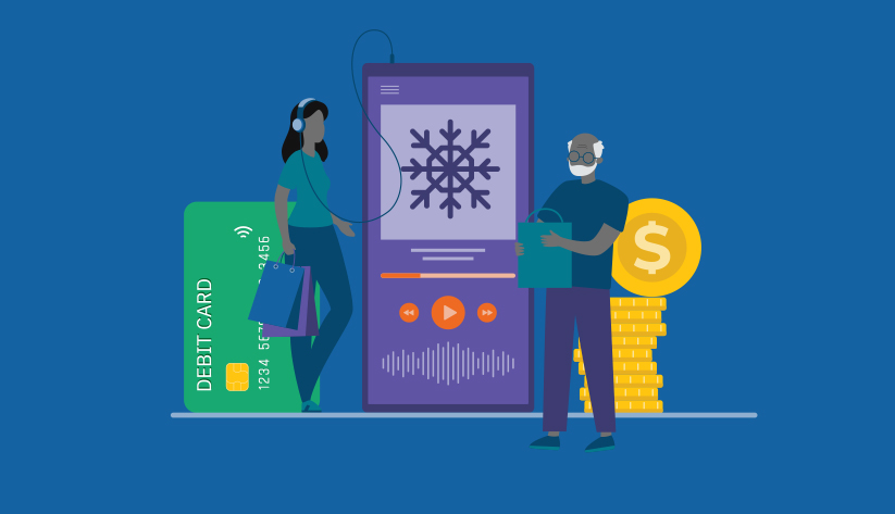 illustration of two people of apparent different generations standing next to disproportionately large mobile device, payment card, and bitcoin symbols, each with shopping bag(s)