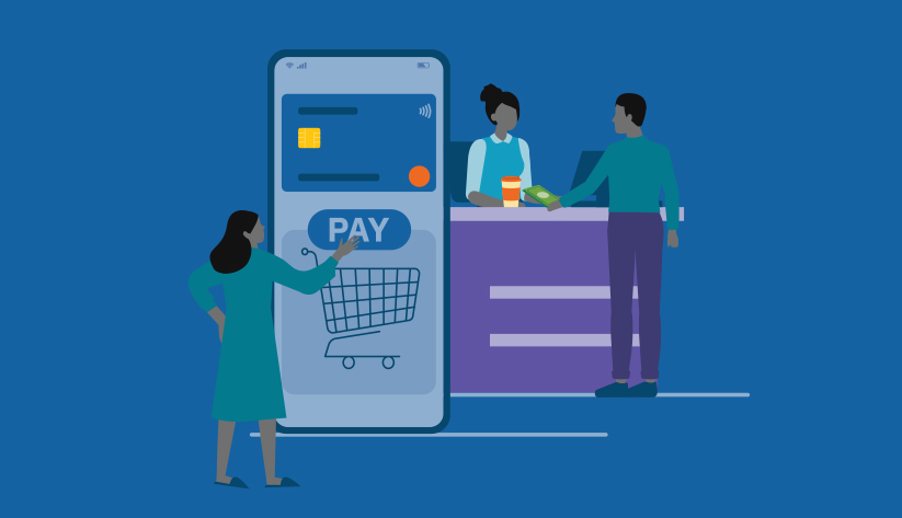 illustration of a person selecting to pay on a disproportionately large mobile phone above an illustration of a grocery cart next to person coming to a physical counter paying with cash