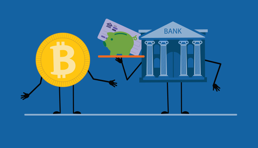 Illustration of bitcoin symbol next to a traditional classical greek building with the word bank on it carrying a tray like a restaurant server with a piggy bank and a payment card on it.