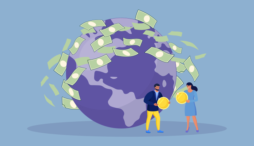 illustration of earth with an atmosphere seemingly constructed of dollar bills with 2 people at the lower right foreground holding golden coins