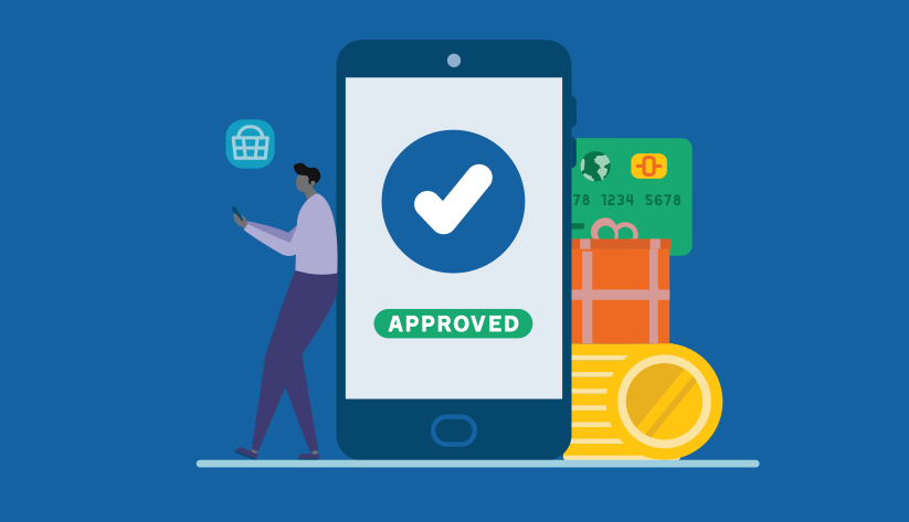 person leaning with their back against disproportionately large mobile phone surrounded by a basket icon, a payment card, a wrapped gift