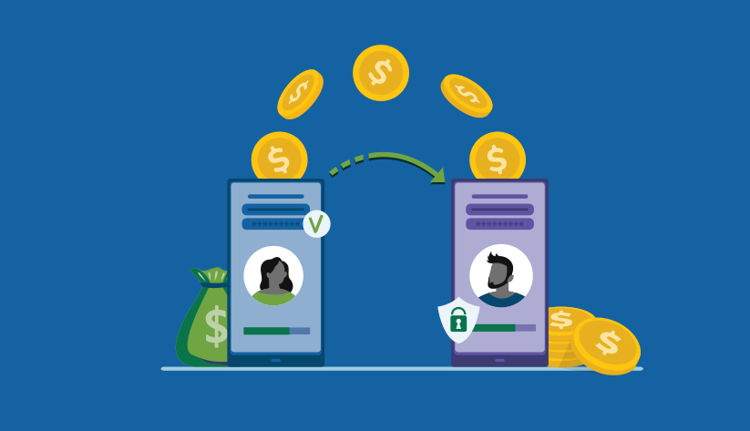 illustration of two mobile telephones with a bag of money behind one, with arch of gold coins moving from one phone to the other