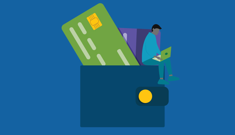 illustration of a person sitting on edge of a disproportionately large wallet with disproportionately large payment cards sticking out of it with a proportionate sized laptop on their lap