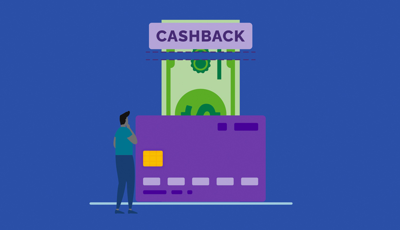 illustration of a person standing in foreground with hand under chin to denote pondering while facing disproportionately large payment card in the background with dollar bill emitting from behind card with word 'cashback' at top of bill