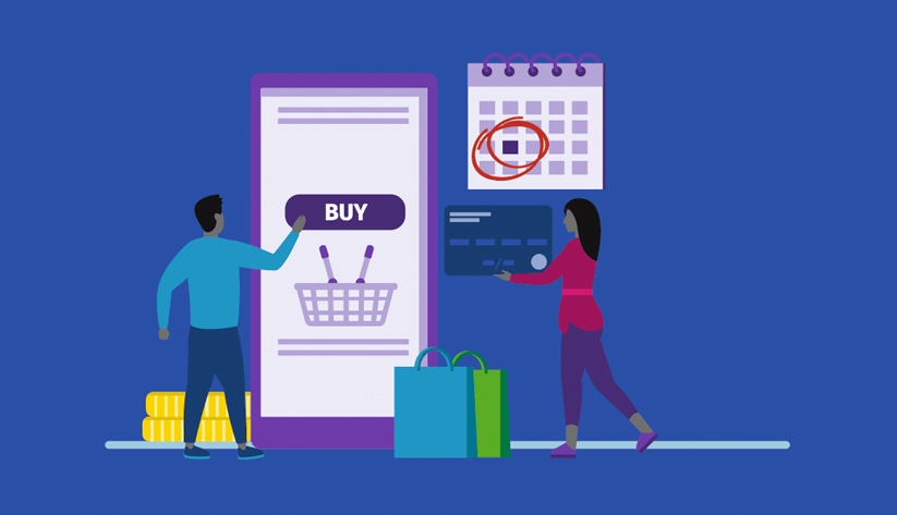 illustration of person selecting 'buy' button over a shopping basket on a screen, with shopping bags and coins on the floor and person holding disproportionately large payment card with, in the background, a hanging wall calendar with particular date circled