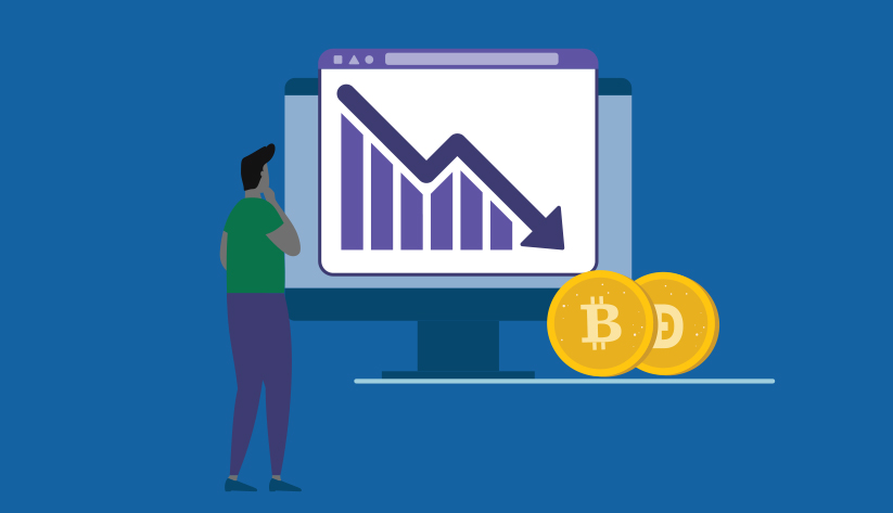 illustration of person with their hand on their chin as if perplexed viewing a disproportionately large bar chart on an electronic screen with down arrow with bitcoin and dai coins at the base of the downward arrow