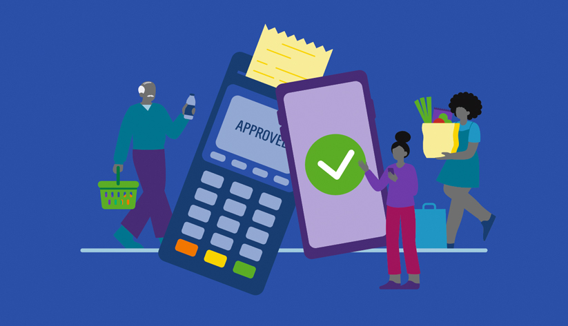 illustration of people around a point of service payments terminal carrying groceries in a basket, with shopping bags, and a person carrying vegetables in another grocery bag with disproportionately large mobile phone with large green affirming check mark