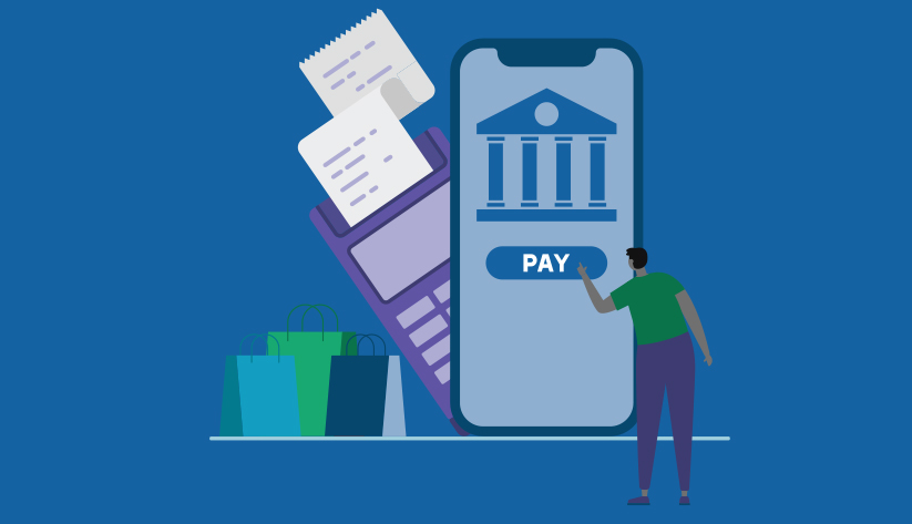 Illustration of person pressing 'pay' button under classic Greek-columned building on disproportionately large mobile screen with payments terminal printing out presumed receipt and shopping bags on ground