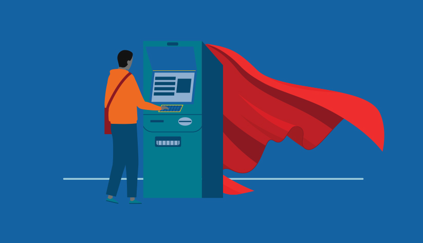 illustration of person at atm with super hero cape swinging in wind behind it